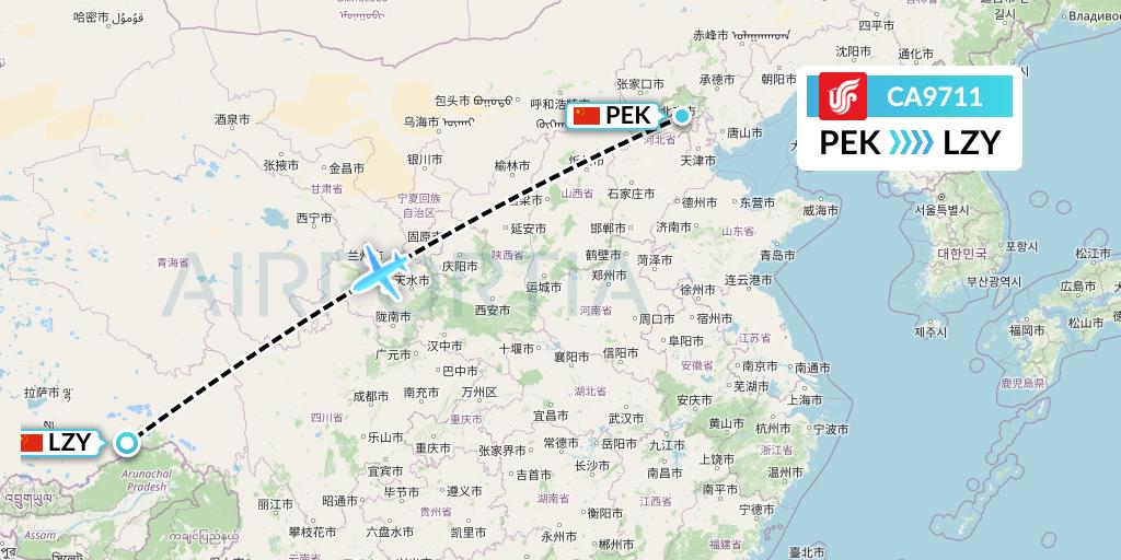 CA9711 Air China Flight Map: Beijing to Nyingchi