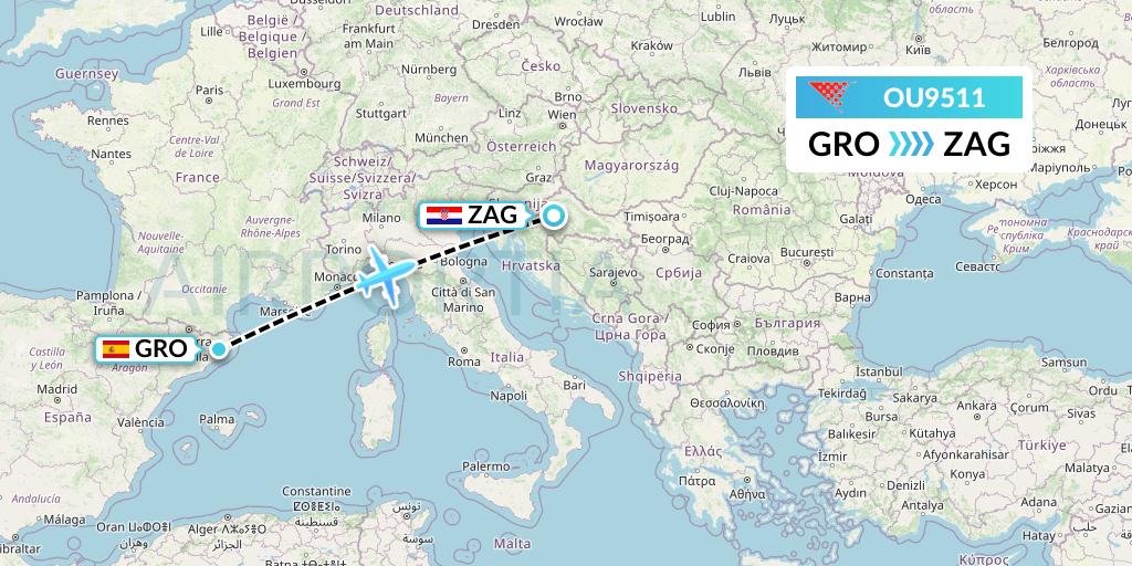 OU9511 Croatia Airlines Flight Map: Girona to Zagreb