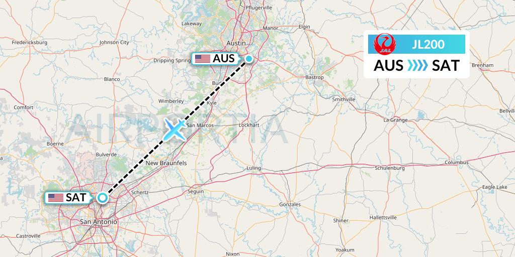 JL200 Japan Airlines Flight Map: Austin to San Antonio