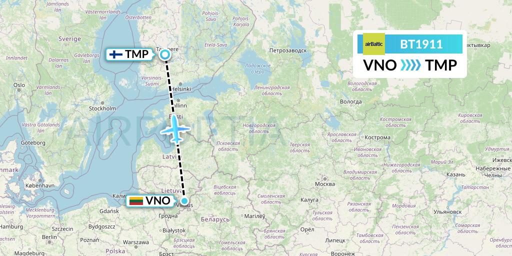 BT1911 Air Baltic Flight Map: Vilnius to Tampere