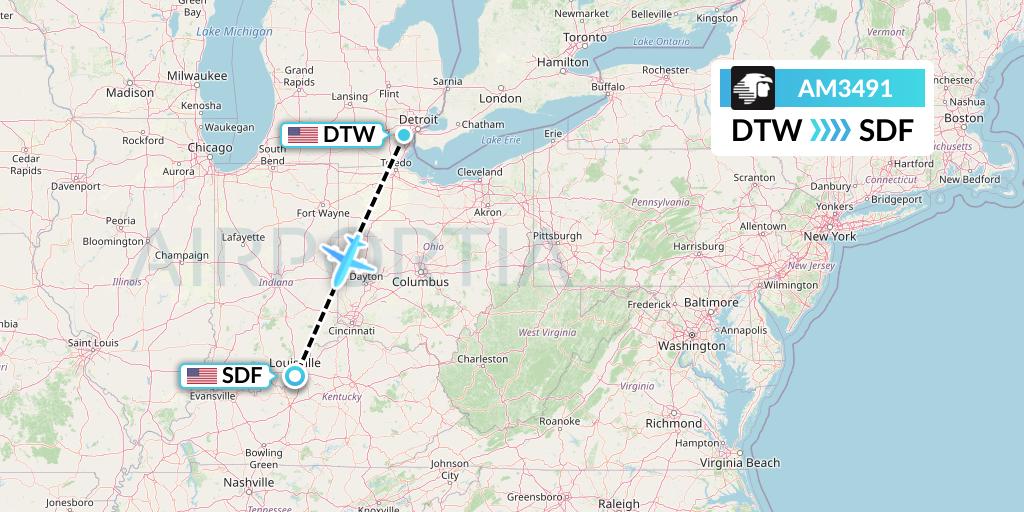 AM3491 Aeromexico Flight Map: Detroit to Louisville