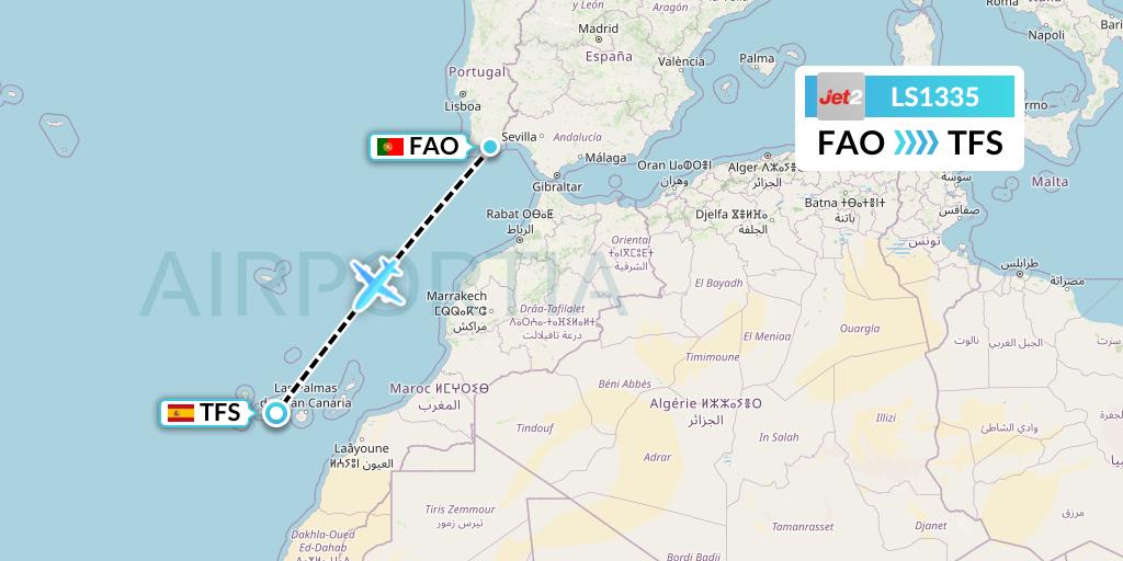 LS1335 Jet2 Flight Map: Faro to Tenerife