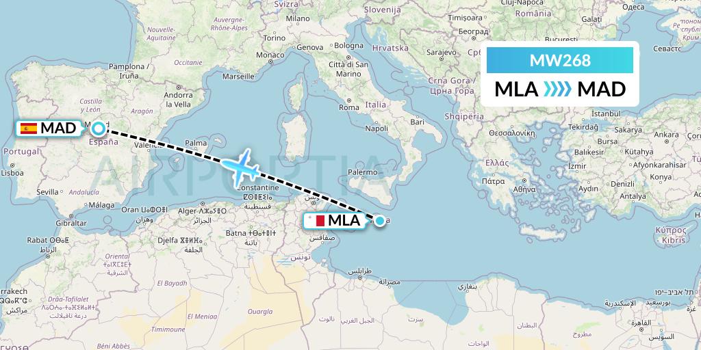 MW268 Mokulele Flight Service Flight Map: Malta to Madrid