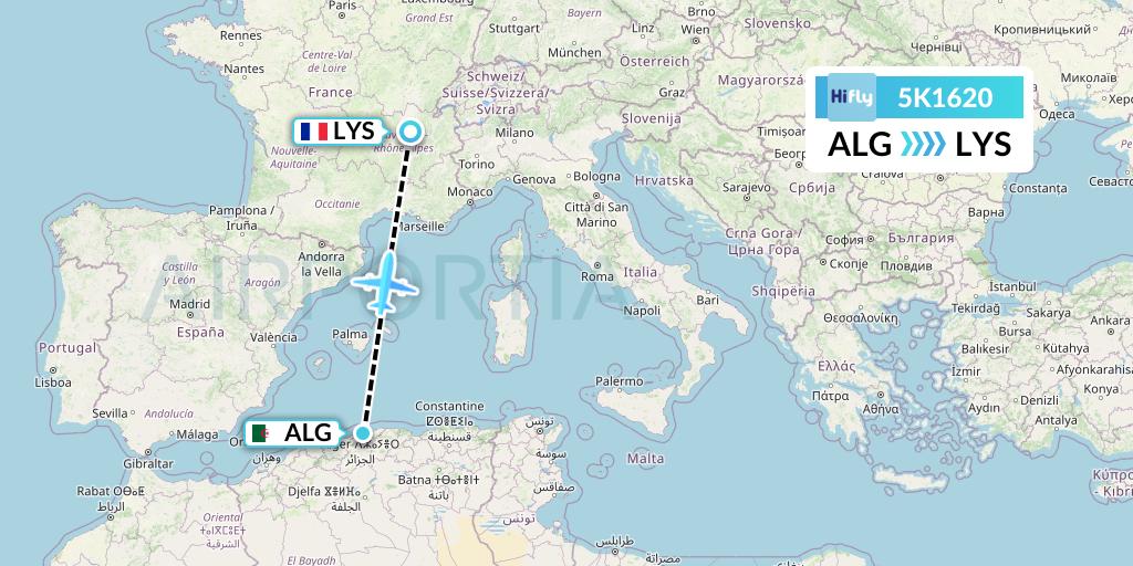 5K1620 Hi Fly Flight Map: Algiers to Lyon