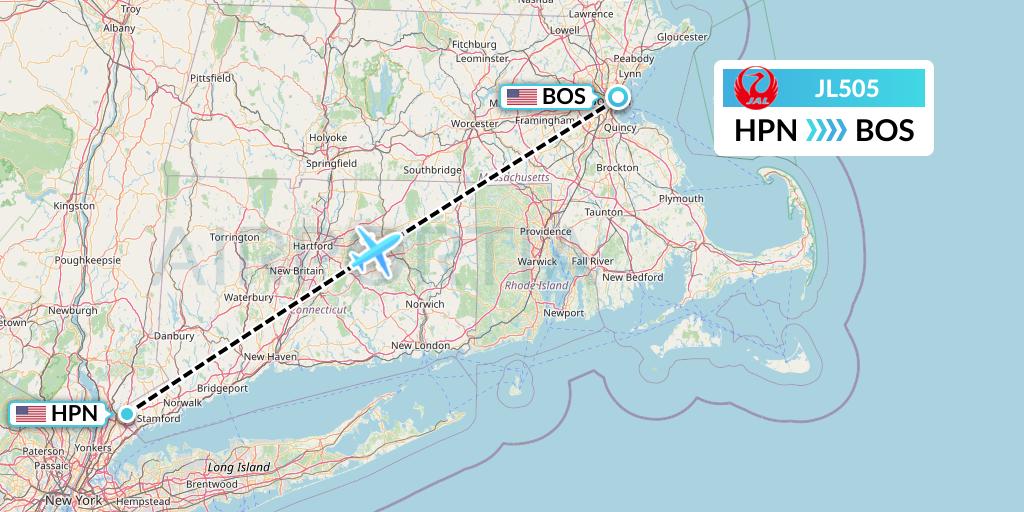 JL505 Japan Airlines Flight Map: White Plains to Boston