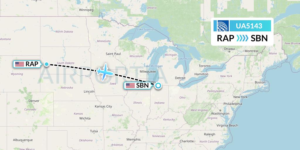 UA5143 United Airlines Flight Map: Rapid City to South Bend