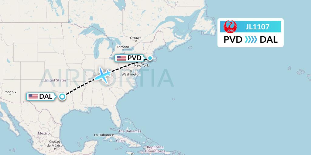 JL1107 Japan Airlines Flight Map: Providence to Dallas