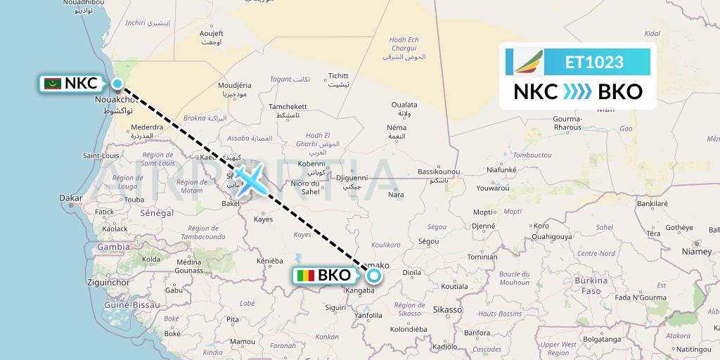 ET1023 Ethiopian Airlines Flight Map: Nouakchott to Bamako