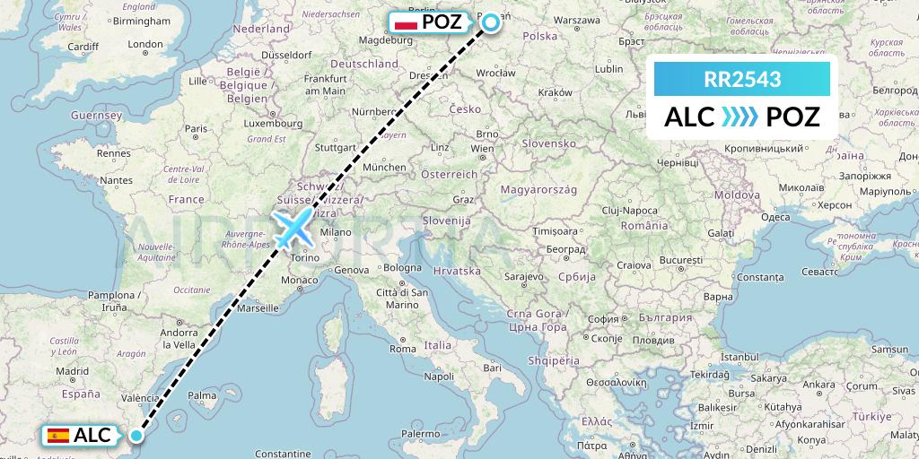 RR2543 Royal Air Force Flight Map: Alicante to Poznan