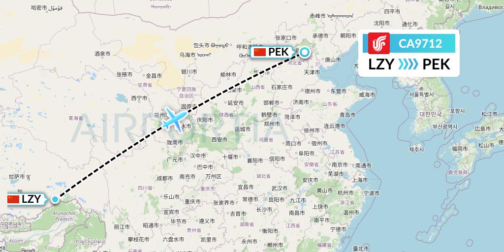 CA9712 Air China Flight Map: Nyingchi to Beijing