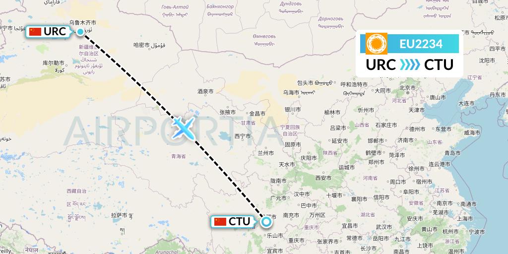 EU2234 Chengdu Airlines Flight Map: Urumqi to Chengdu