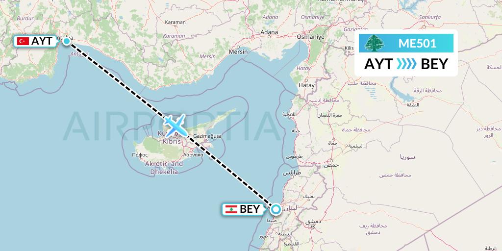 ME501 MEA Flight Map: Antalya to Beirut