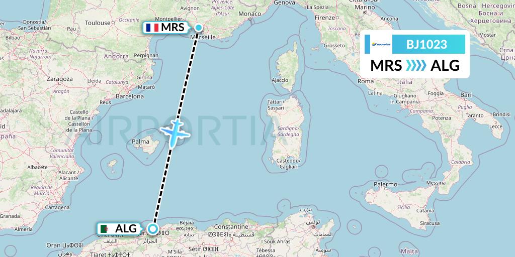 BJ1023 Nouvelair Tunisie Flight Map: Marseille to Algiers