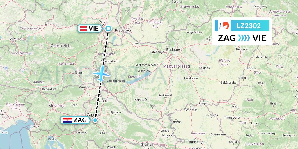 LZ2302 Air Link Flight Map: Zagreb to Vienna