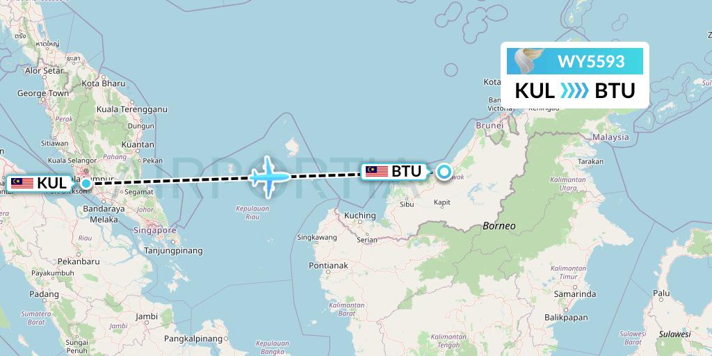 WY5593 Oman Air Flight Map: Kuala Lumpur to Bintulu