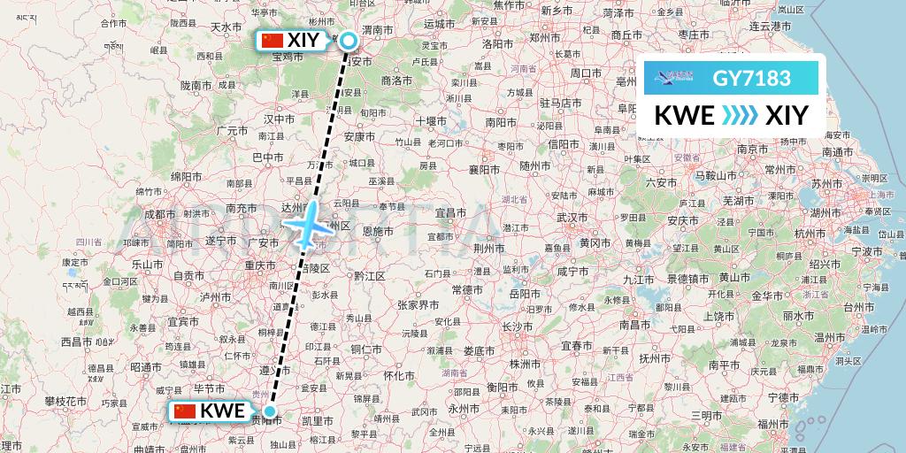 GY7183 Colorful GuiZhou Airlines Flight Map: Guiyang to Xi'an