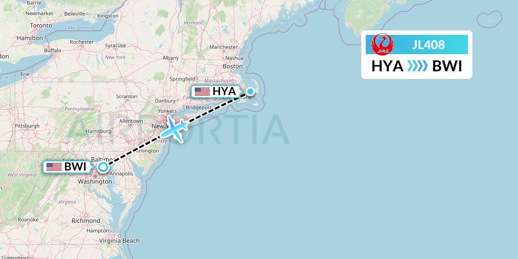 JL408 Japan Airlines Flight Map: Hyannis to Baltimore