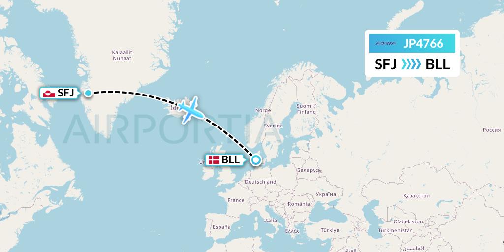 JP4766 Adria Airways Flight Map: Kangerlussuaq to Billund