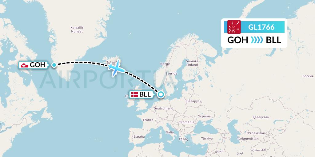 GL1766 Air Greenland Flight Map: Nuuk to Billund
