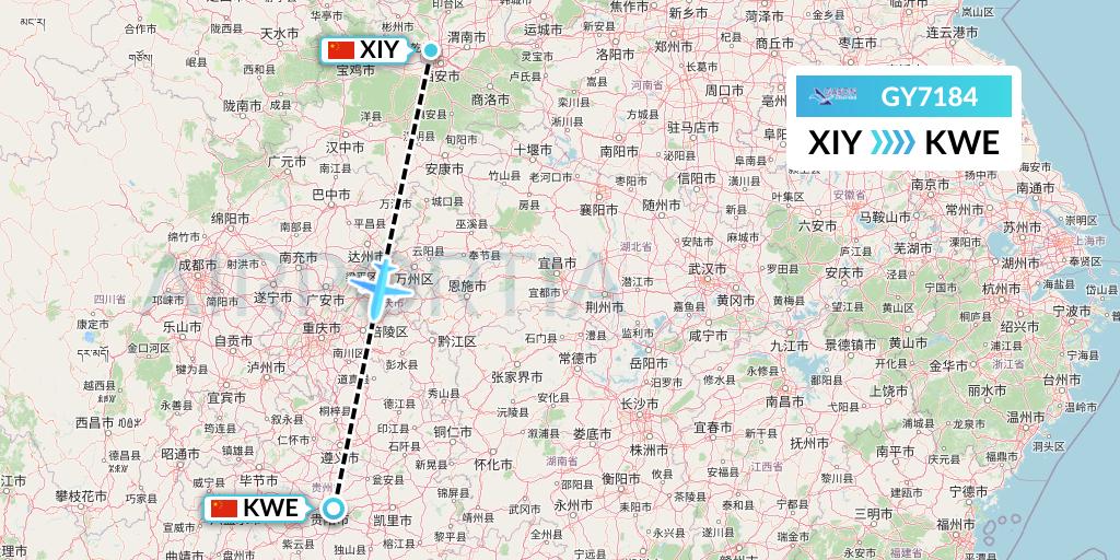 GY7184 Colorful GuiZhou Airlines Flight Map: Xi'an to Guiyang