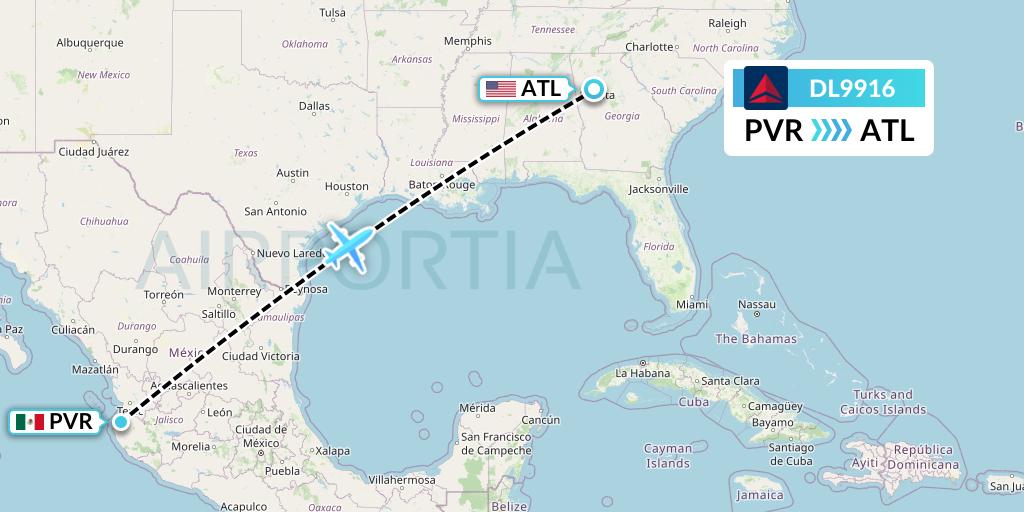 DL9916 Delta Air Lines Flight Map: Puerto Vallarta to Atlanta