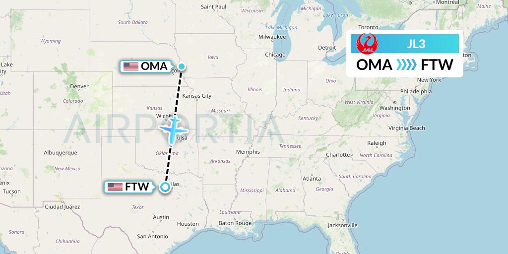 JL3 Japan Airlines Flight Map: Omaha to Fort Worth