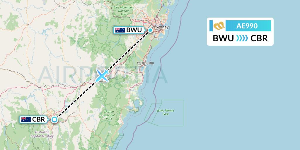 AE990 Mandarin Airlines Flight Map: Bankstown to Canberra