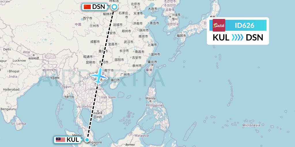 ID626 Batik Air Flight Map: Kuala Lumpur to Dongsheng