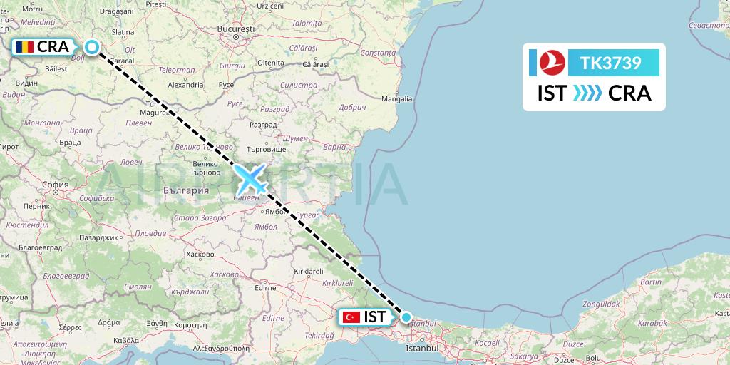TK3739 Turkish Airlines Flight Map: Istanbul to Craiova