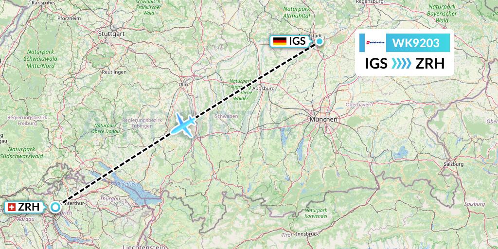 WK9203 Edelweiss Air Flight Map: Ingolstadt to Zurich