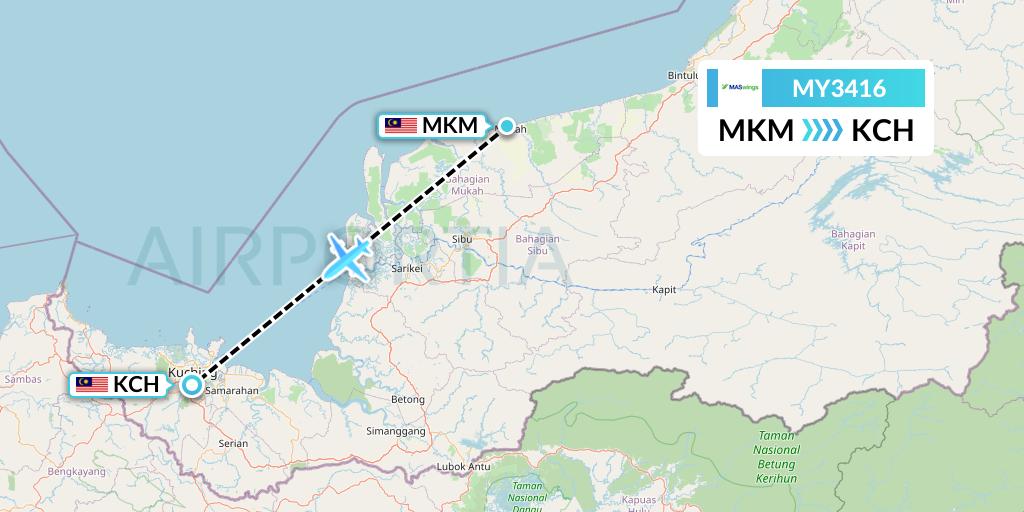 MY3416 MASwings Flight Map: Mukah to Kuching