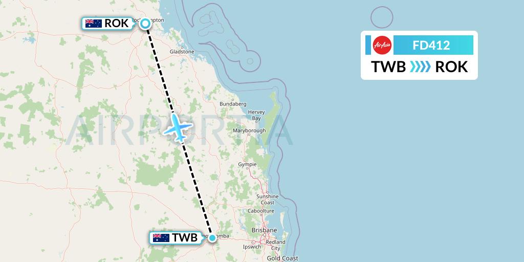 FD412 Thai AirAsia Flight Map: Toowoomba to Rockhampton