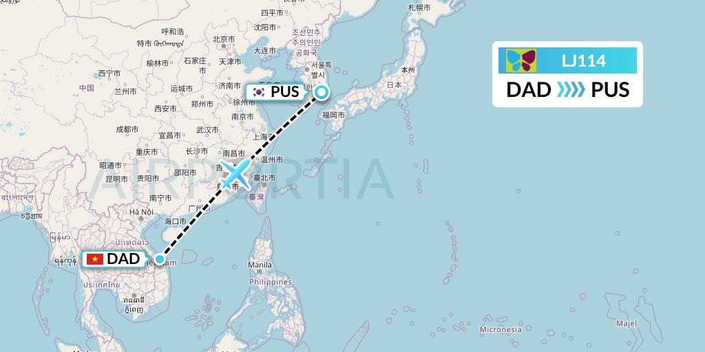 LJ114 Jin Air Flight Map: Da Nang to Busan