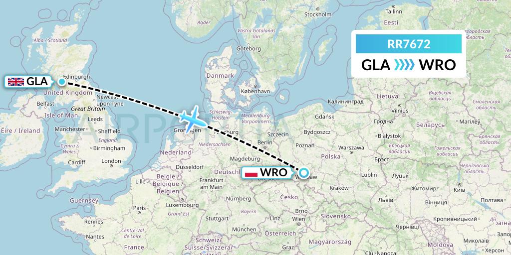 RR7672 Royal Air Force Flight Map: Glasgow to Wroclaw