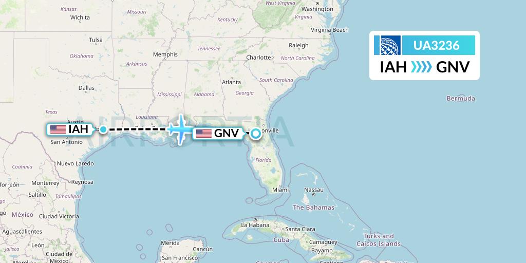 UA3236 United Airlines Flight Map: Houston to Gainesville
