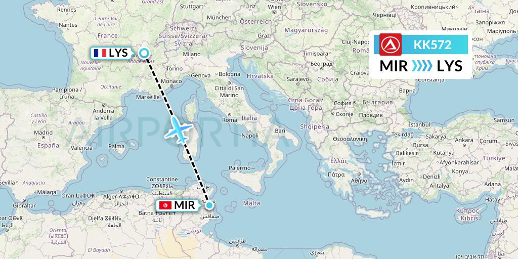 KK572 Atlasjet Flight Map: Monastir to Lyon
