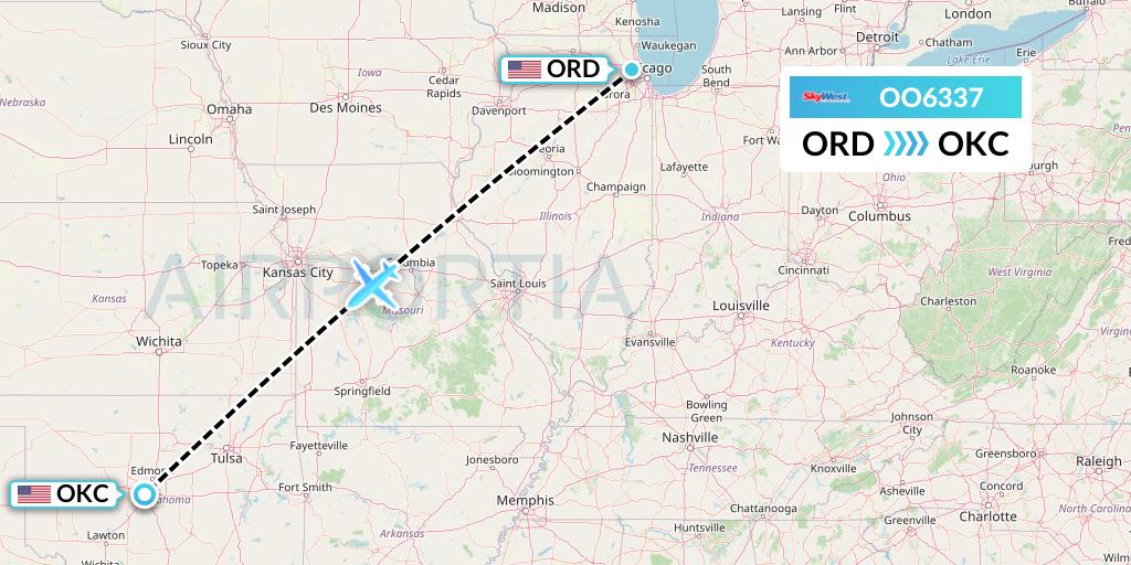 OO6337 SkyWest Airlines Flight Map: Chicago to Oklahoma City
