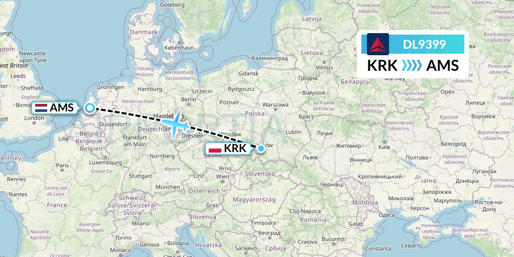 DL9399 Delta Air Lines Flight Map: Krakow to Amsterdam