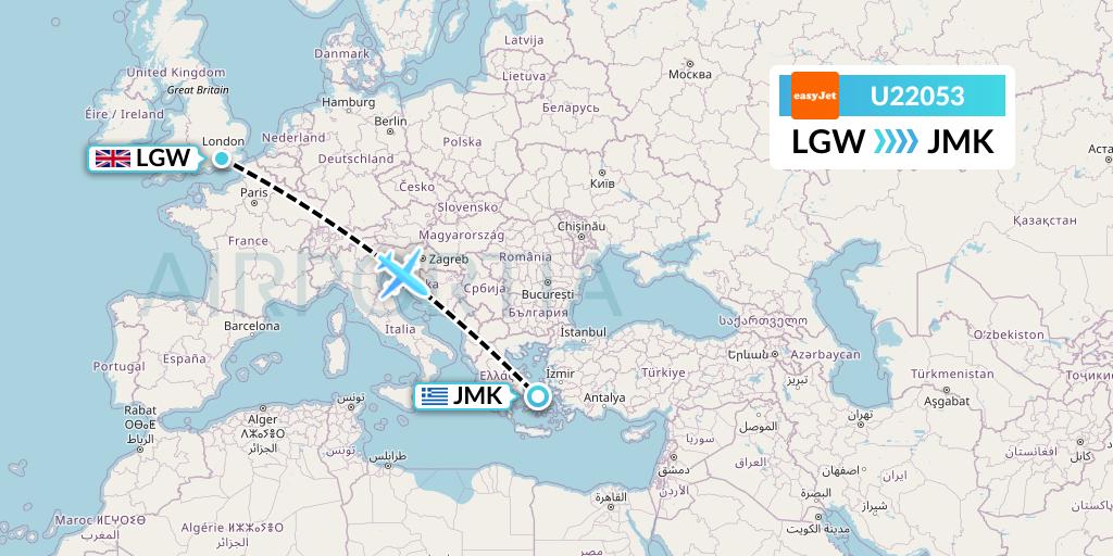 U22053 EasyJet Flight Map: London to Mykonos