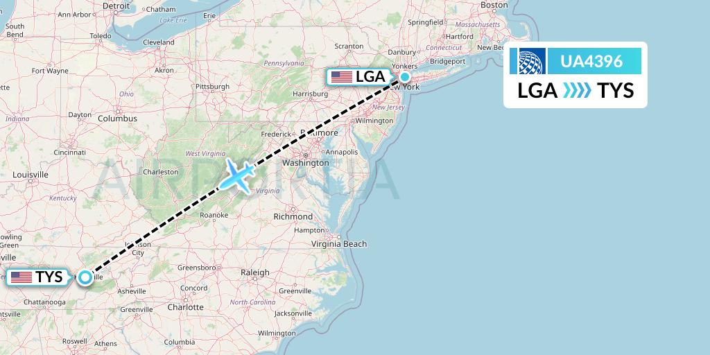 UA4396 United Airlines Flight Map: New York to Knoxville