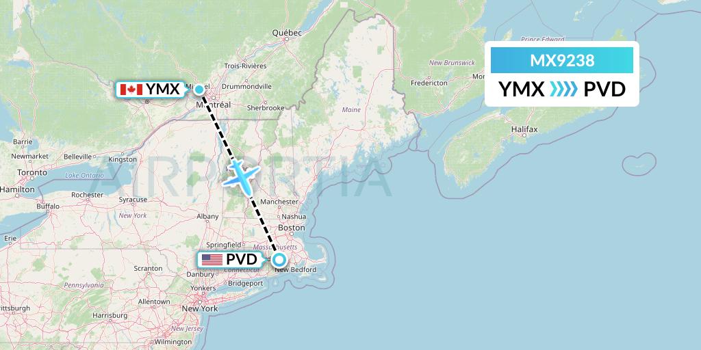 MX9238 Breeze Airways Flight Map: Montreal to Providence