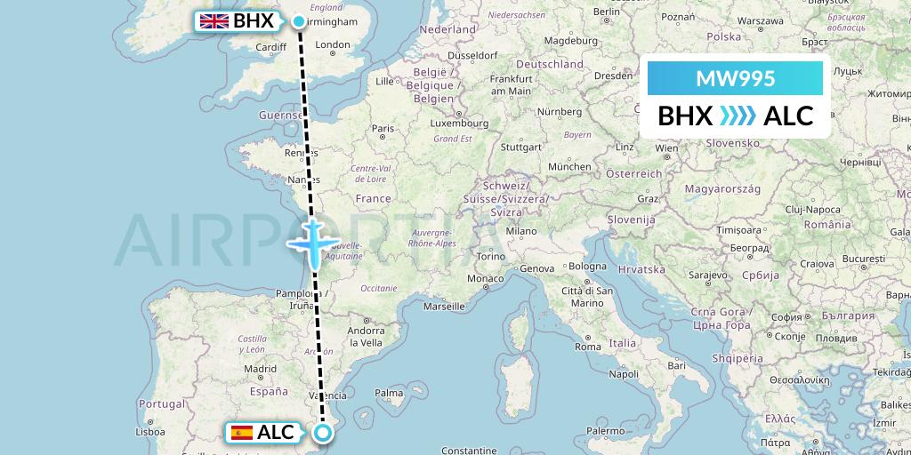 MW995 Mokulele Flight Service Flight Map: Birmingham to Alicante