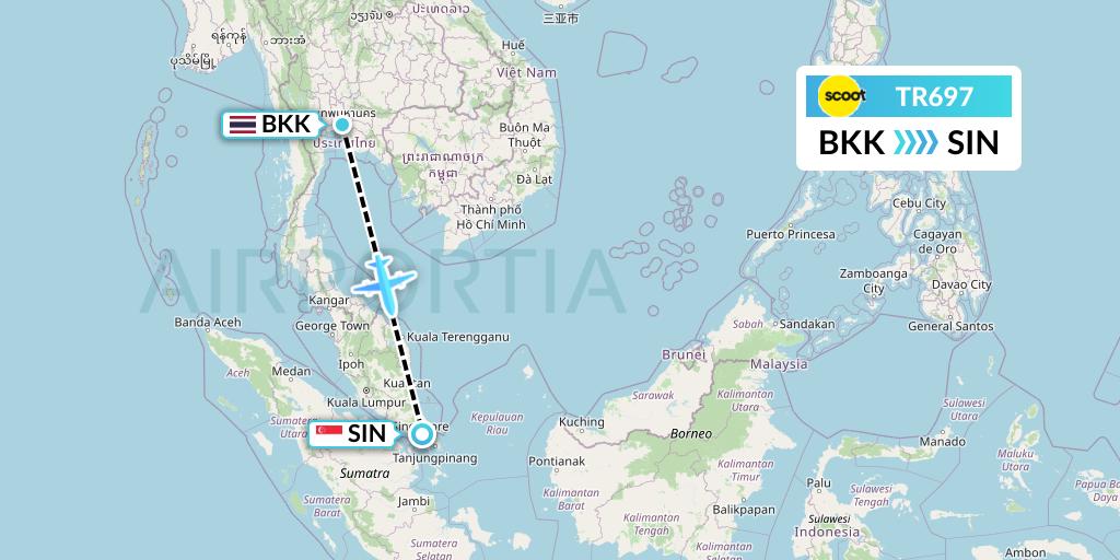 TR697 Tigerair Flight Map: Bangkok to Singapore