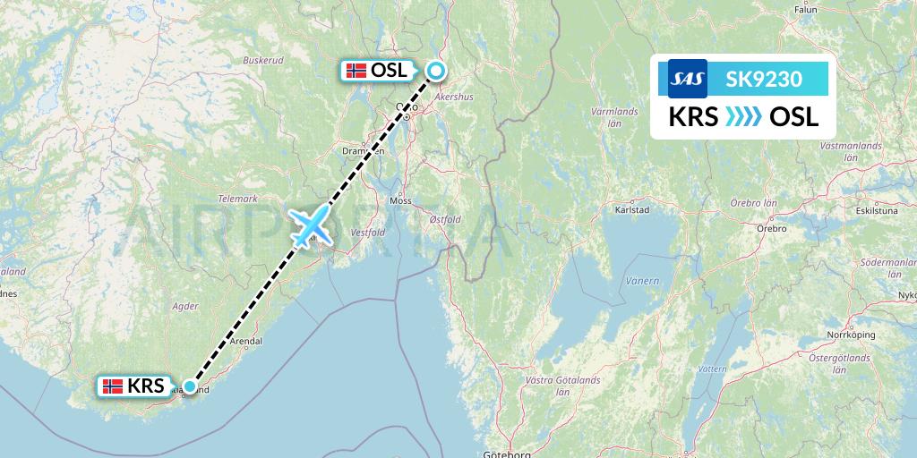 SK9230 SAS Flight Map: Kristiansand to Oslo