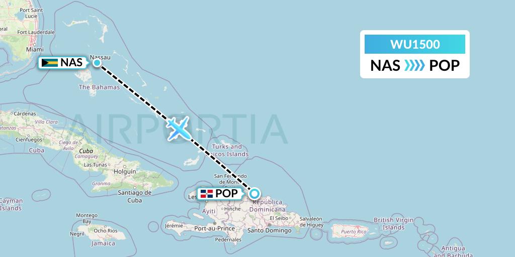 WU1500 Western Air Flight Map: Nassau to Puerto Plata