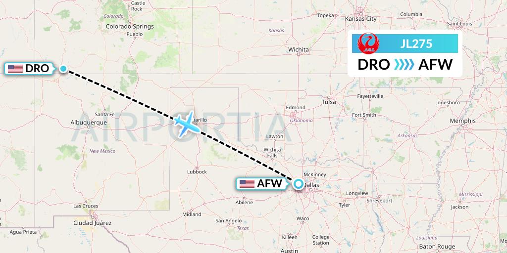 JL275 Japan Airlines Flight Map: Durango to Fort Worth