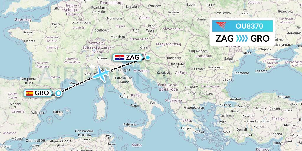 OU8370 Croatia Airlines Flight Map: Zagreb to Girona