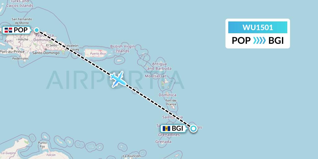 WU1501 Western Air Flight Map: Puerto Plata to Bridgetown