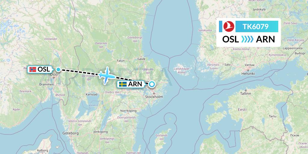 TK6079 Turkish Airlines Flight Map: Oslo to Stockholm