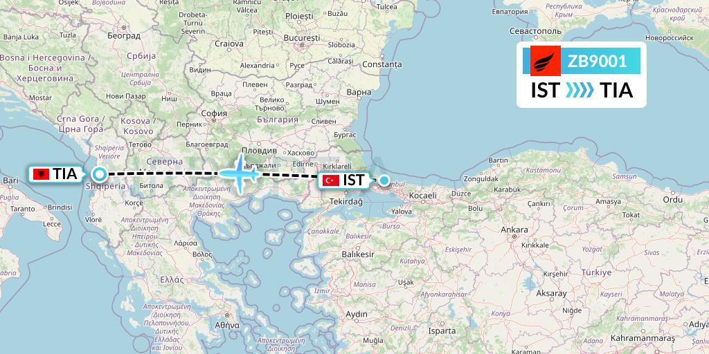 ZB9001 Air Albania Flight Map: Istanbul to Tirana